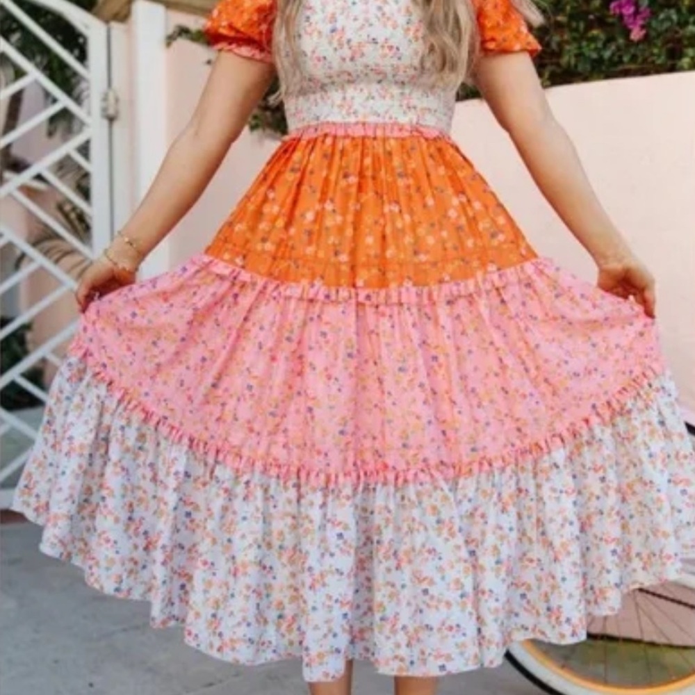 Ivy City Co Floral Midi Dress in Orange and Pink